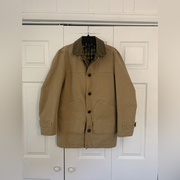 Vtg J.Crew Mens XS Tan Barn Chore Coat Plaid Flannel Lined Corduroy Collar - Picture 1 of 13